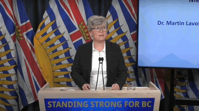 Photo of Josie Osborne speaking at a podium with B.C. flags behind her.