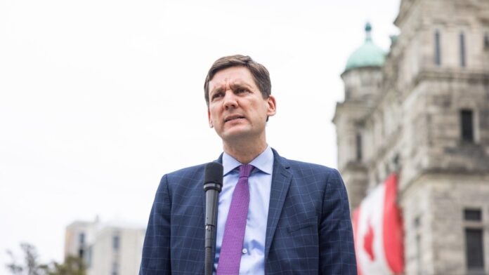 Close up photo of Premier David Eby speaking outside the B.C. legislature.