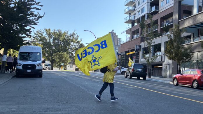 Striking BCGEU worker with flag