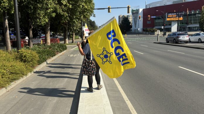 Photo of striking worker holding BCGEU flag