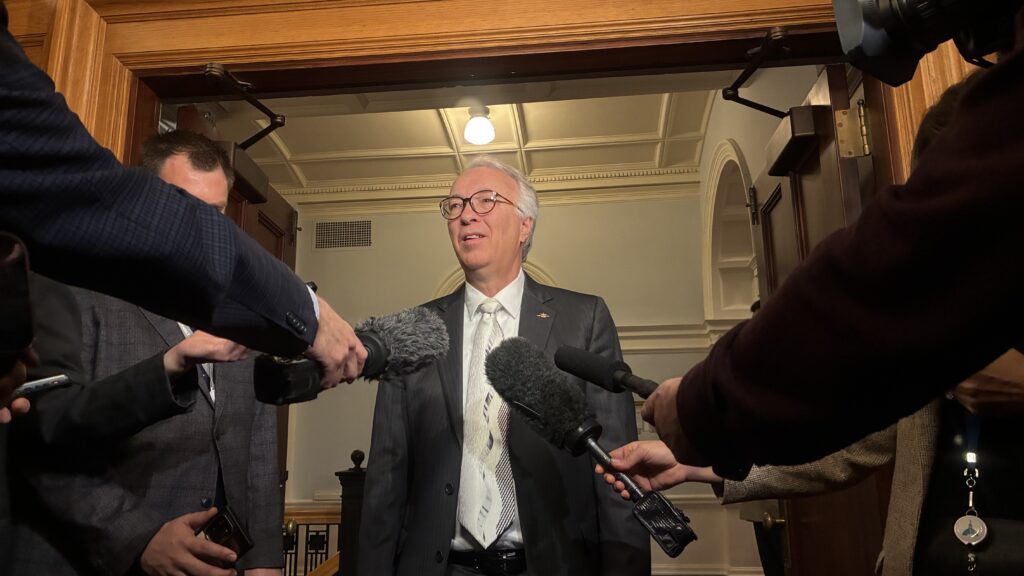 B.C. Conservative leader John Rustad speaks to reporters