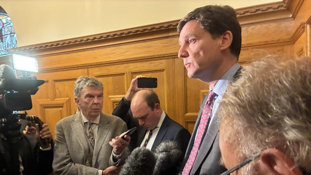 Premier David Eby speaks with reporters