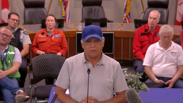 Penticton Indian Band Chief Greg Gabriel speaks during a wildfire briefing Monday, Aug. 10, 2026, as crews battle the Bald Range wildfire near Summerland and Penticton. | Screenshot/RDOS