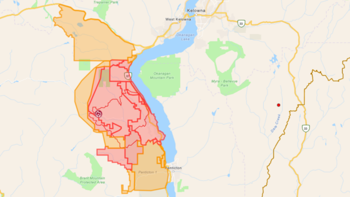 A screen grab from the BC Wildfire Service Map showing the scale of the evacuation orders and alerts in the Okanagan. | BC Wildfire Service Map