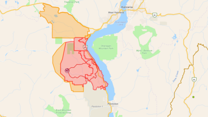 A screen grab from the updated evacuation order and alert map from BC Wildfire Service.