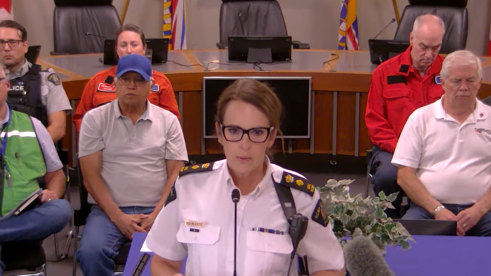 Supt. Beth McAndie, officer in charge of the Penticton South Okanagan Similkameen Regional RCMP Detachment speaks during a press conference in Penticton on Aug. 10, 2026. | RDOS Video