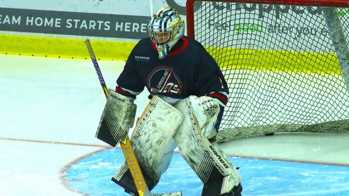 Summerland Jets goaltender Cassius Ford warming up ahead of a game against the Kamloops Storm